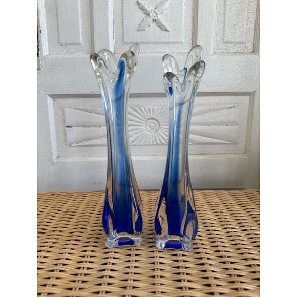 Vintage MCM Pair Clear Art Glass Cobalt Blue Swung Vases 10" - Picture 5 of 8